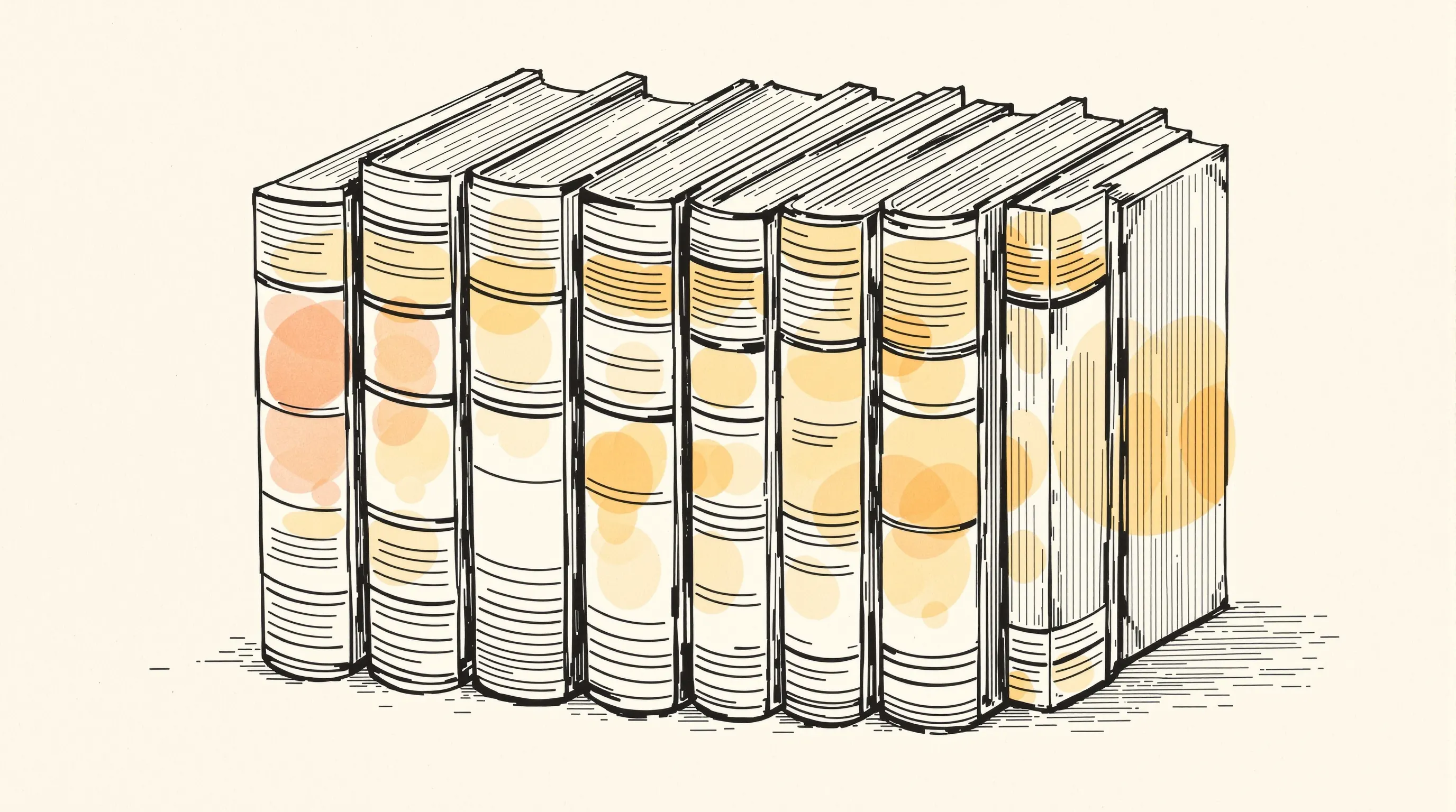 Isometric ink illustration of bound journal volumes seen edge-on